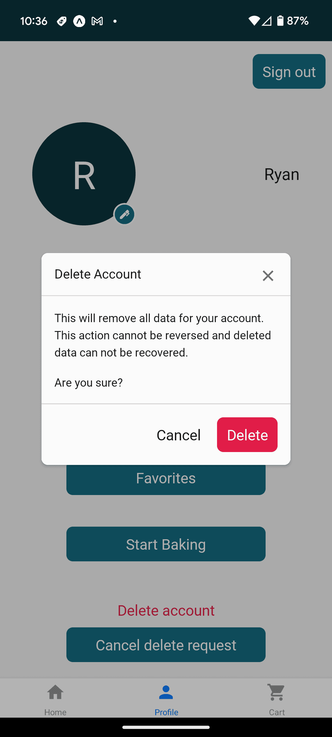 Press Delete account on the profile screen in the Extra Dough mobile app and confirm on the resulting alert.